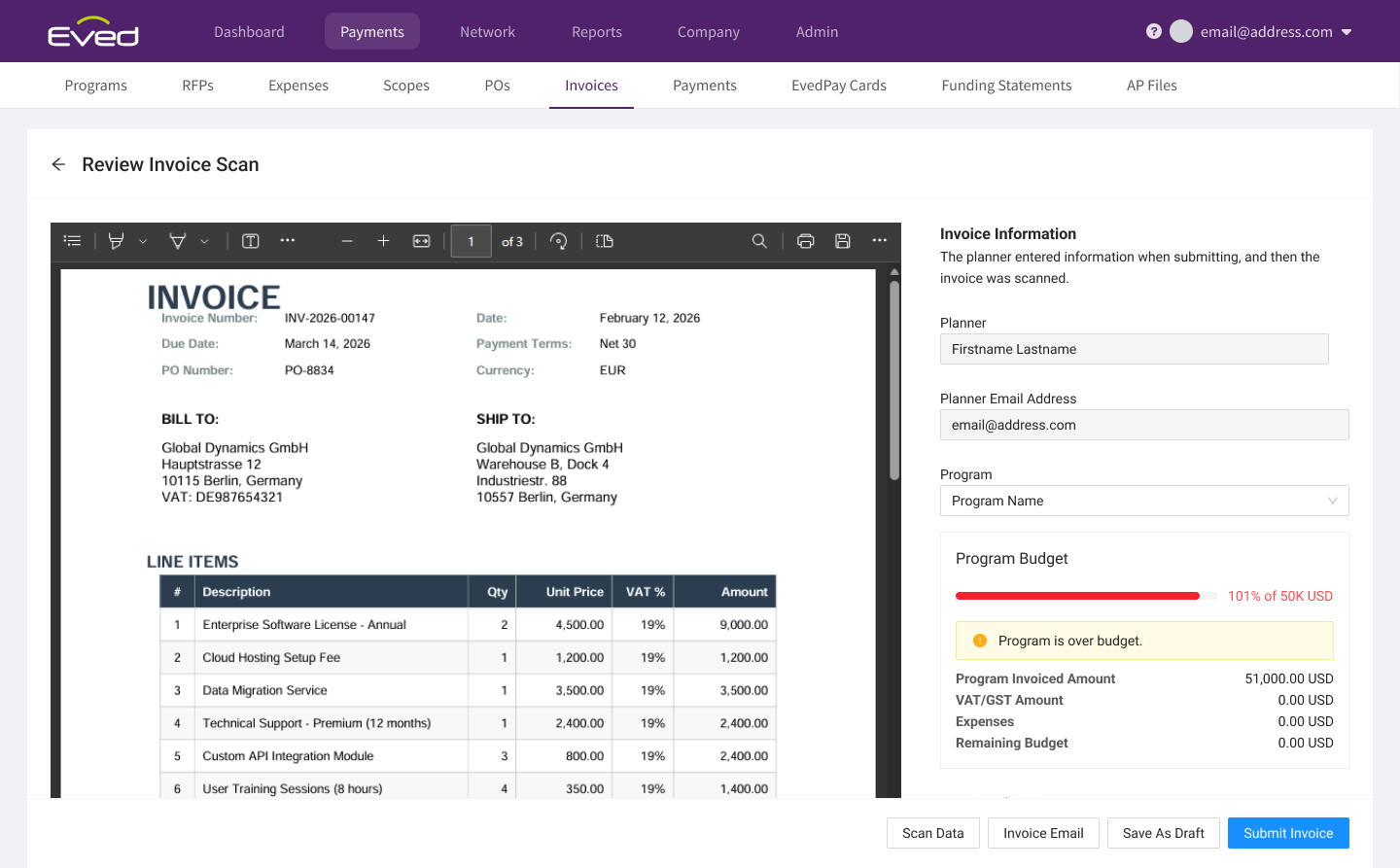 Intelligent Invoice Scanning interface showing AI-extracted invoice data