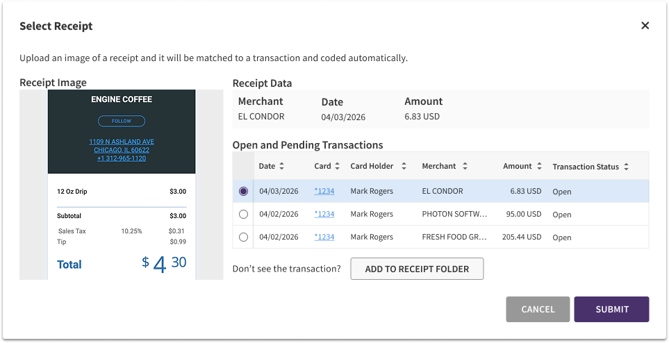 Receipt capture with automatic transaction matching