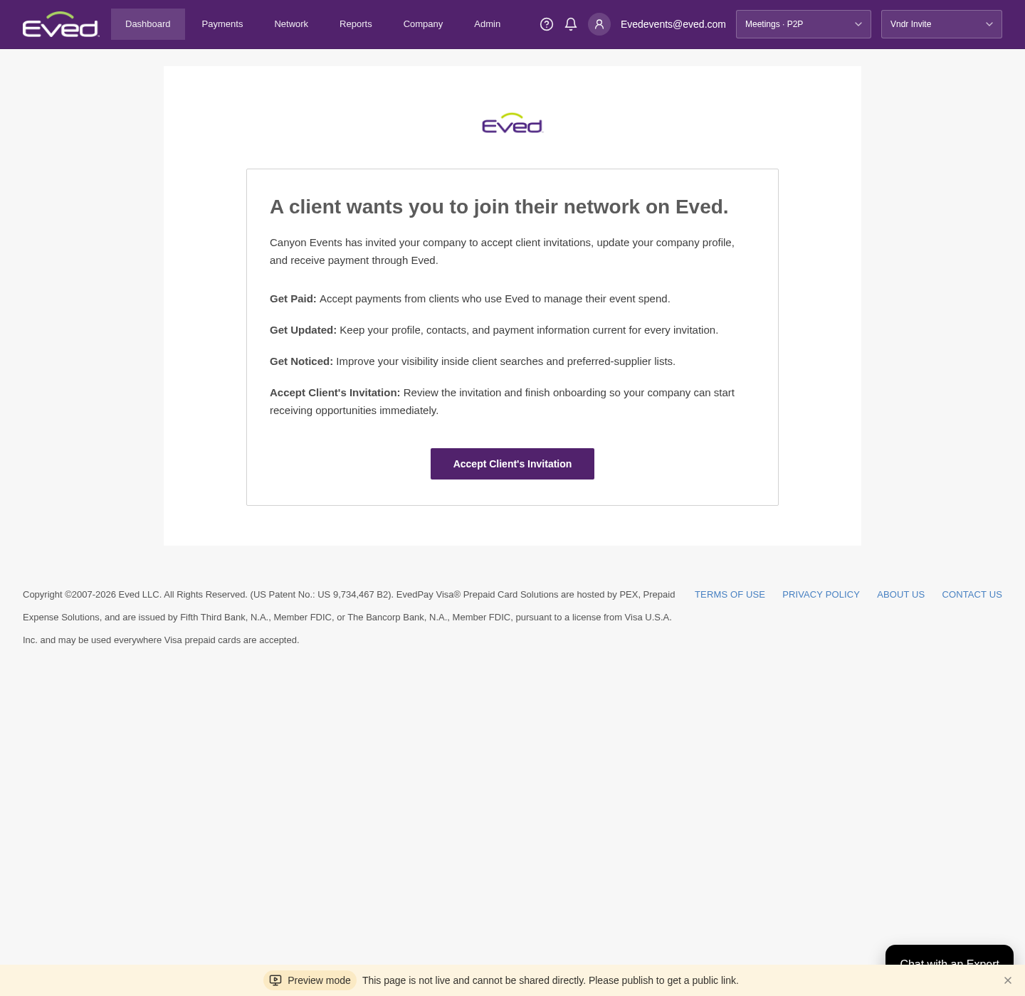 Eved invitation email showing Accept Client's Invitation button