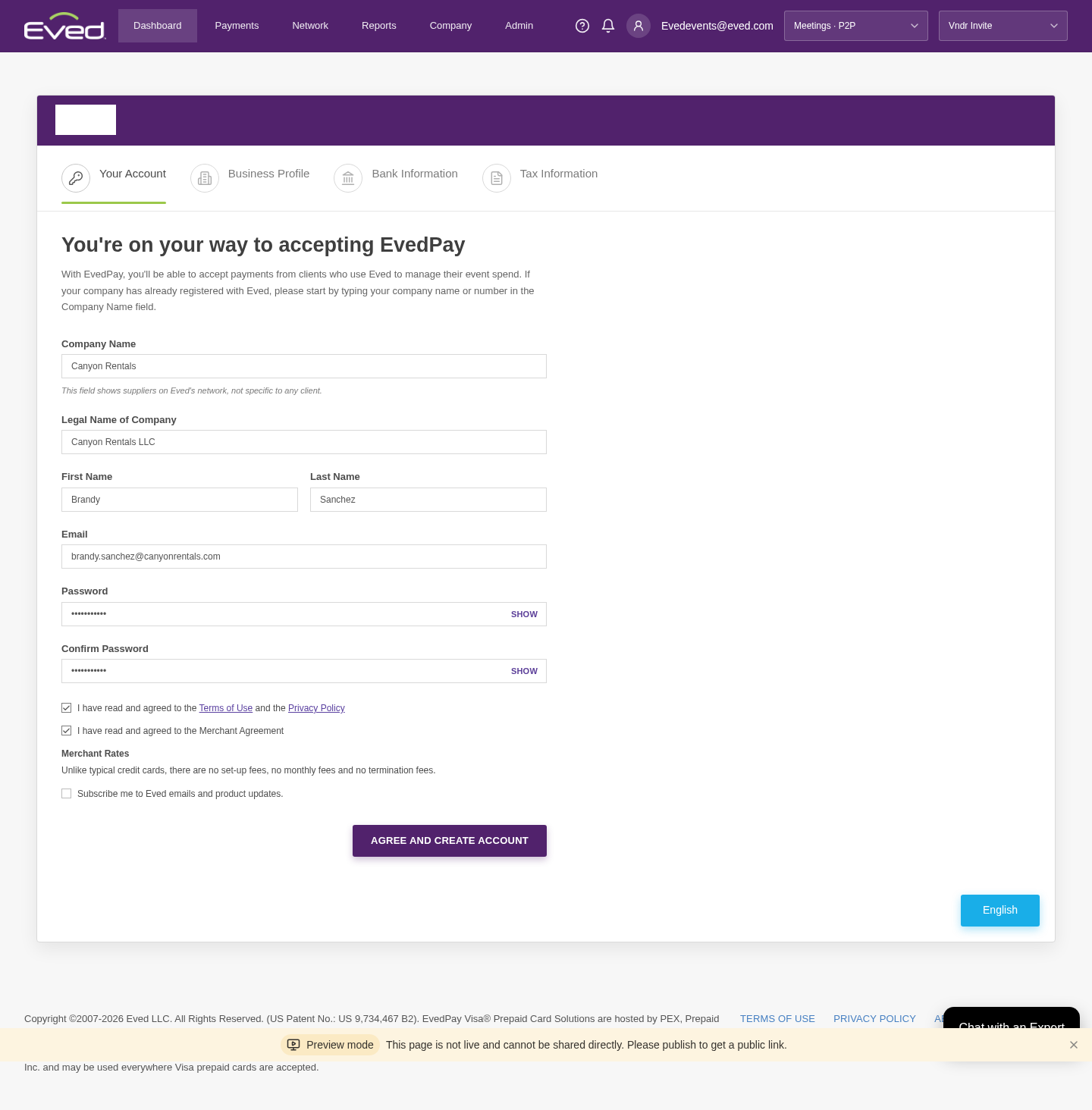 Account creation form with company and personal details