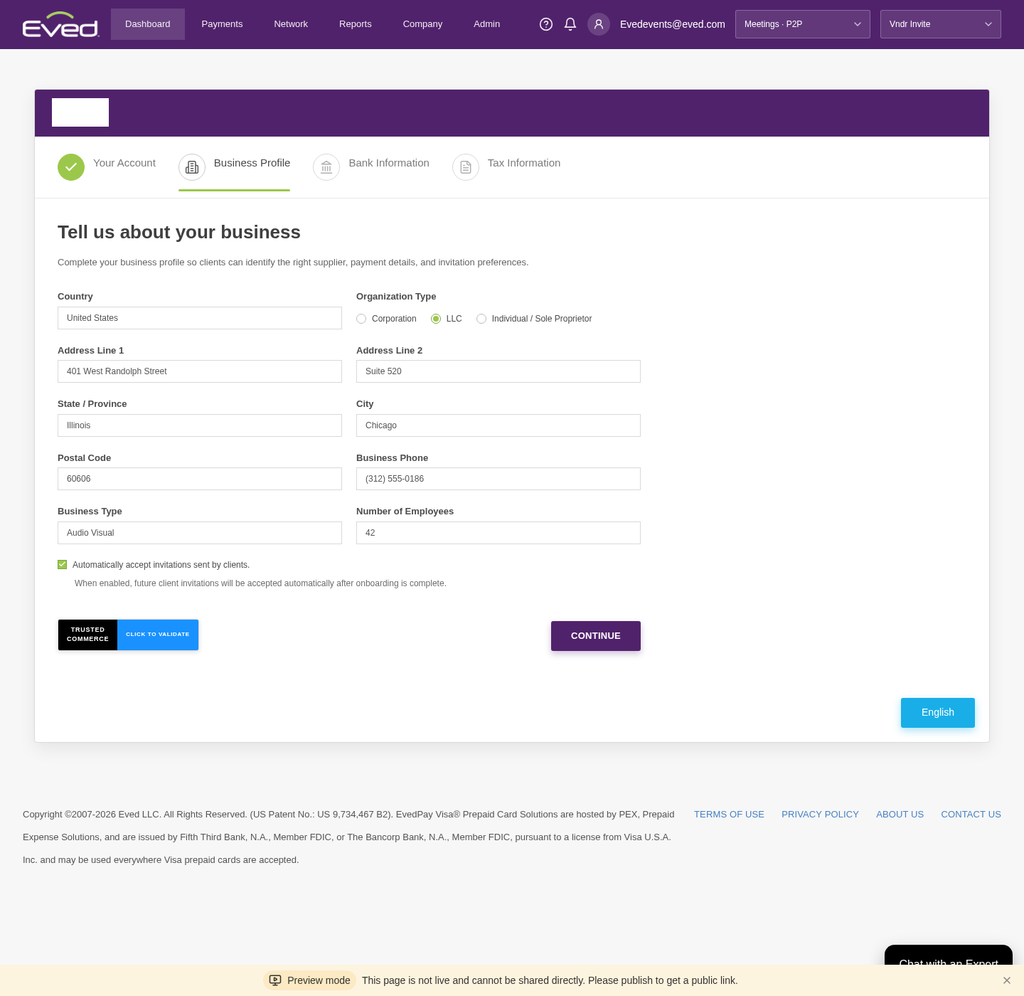 Business profile form with company details and address