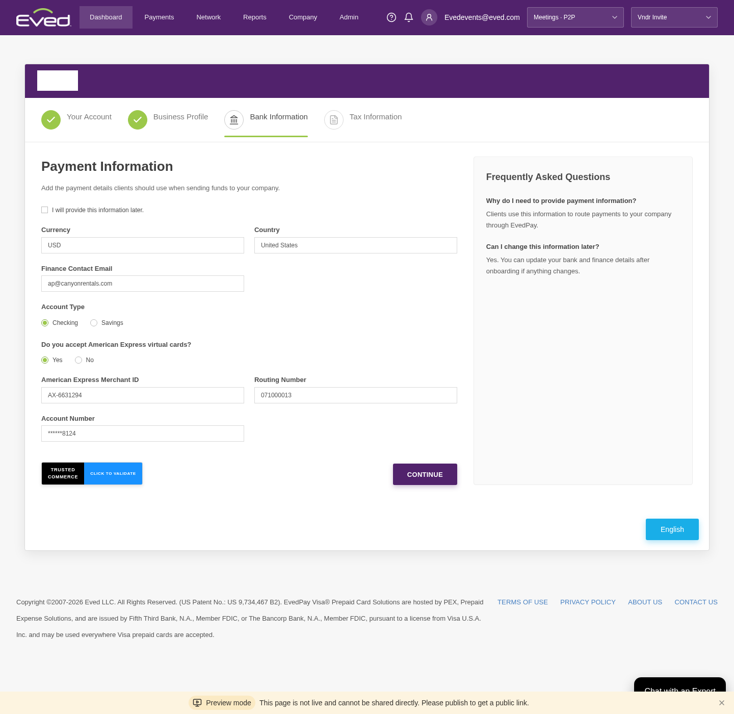 Bank information form with account and routing details