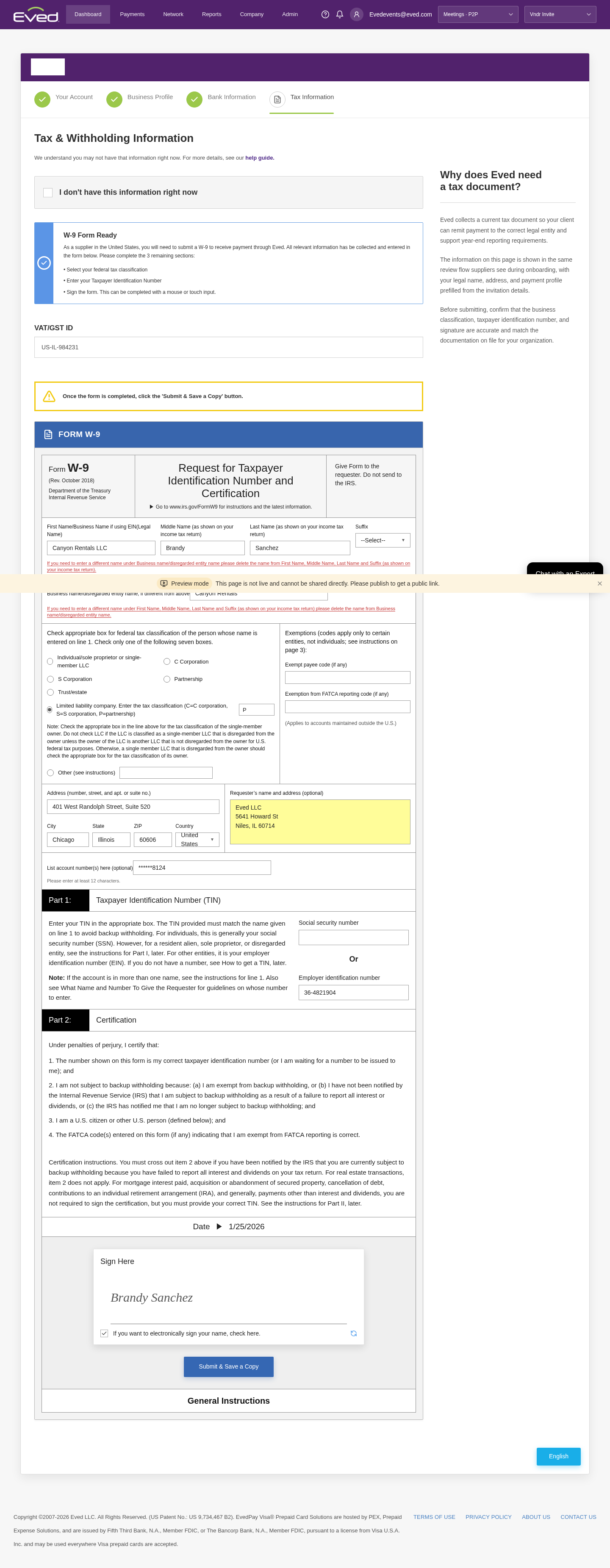 Tax information form with W-9 embedded