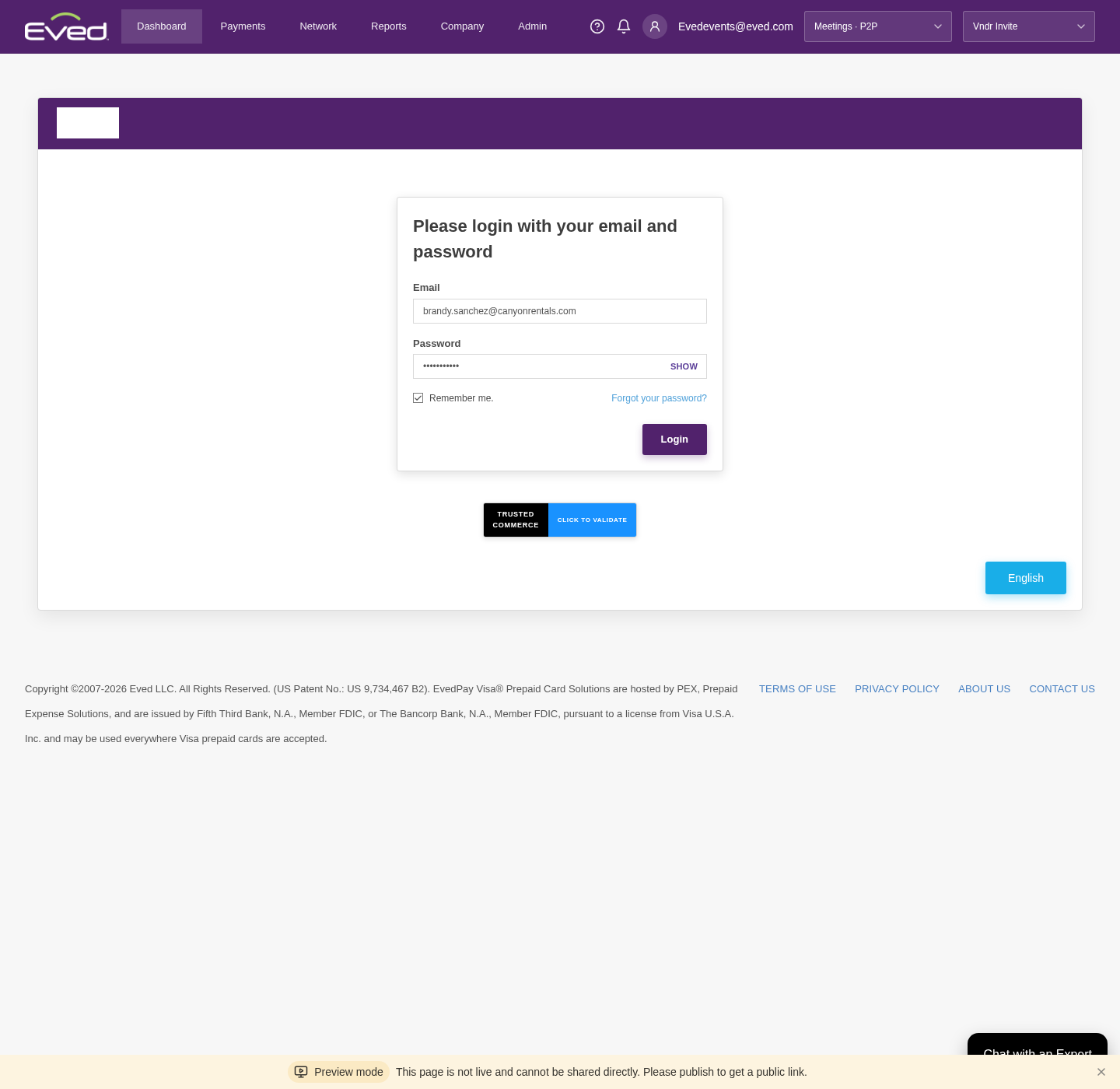 Eved login page — use your email and password going forward